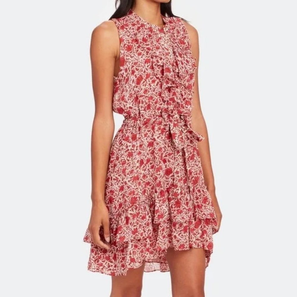 MISA Red Rust Floral Eba Sleeveless Ruffle Mini Dress Size Small
